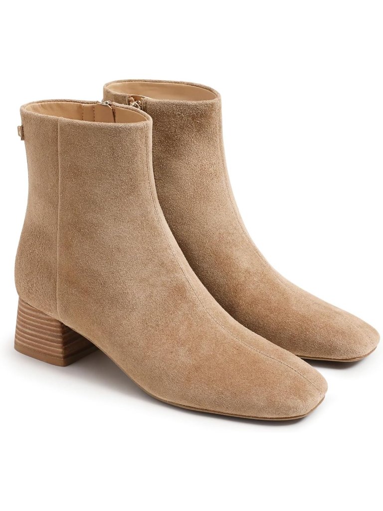 Women's Light Brown Ankle Boots Chunky Low Heel Square Toe Side Zipper Boots